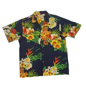 Barefoot in Paradise Men's Floral Made in USA Hawaiian Shirt L Black Orange